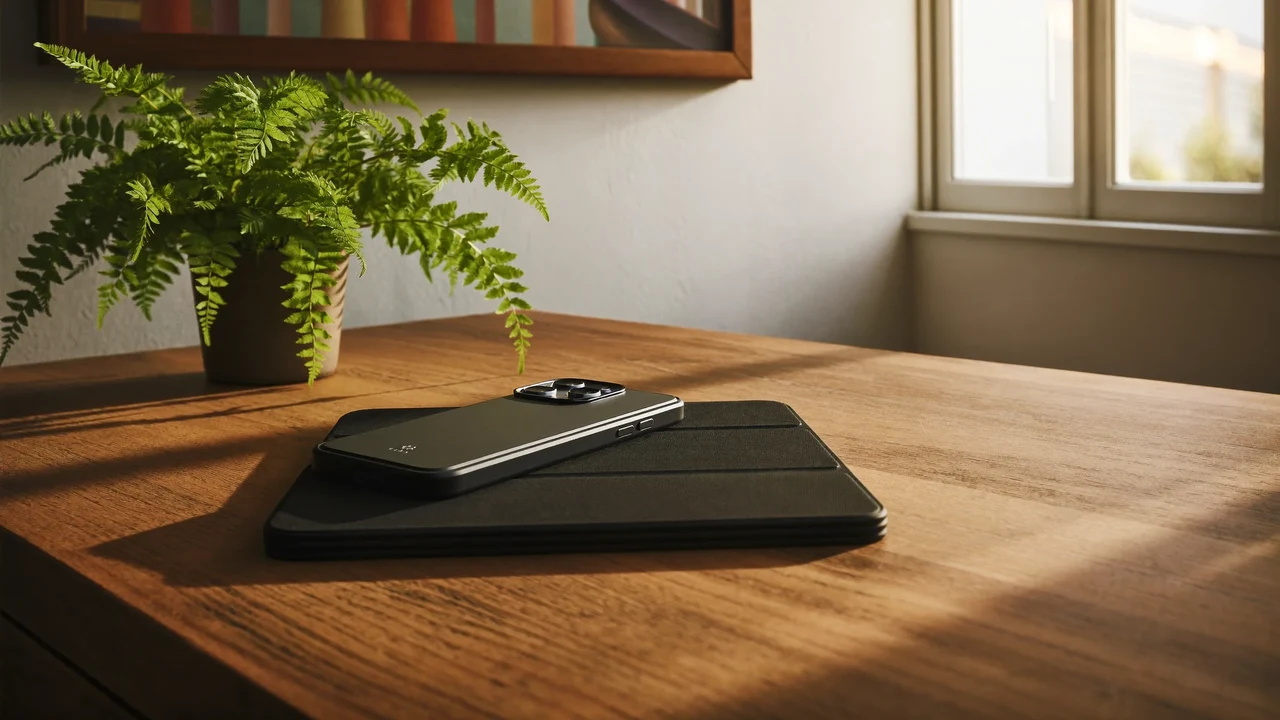 Sonniger Holzschreibtisch mit geschütztem Smartphone, Tablet-Sleeve und kleiner Farnpflanze im Morgenlicht