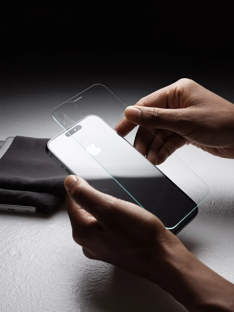 Hände bringen klares Schutzglas auf ein Smartphone auf, daneben ein Mikrofasertuch