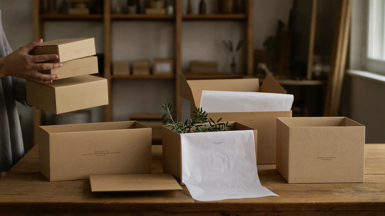 Kraftpapier-Schachteln und Seidenpapier beim Verpacken von Hüllen auf einem Werktisch