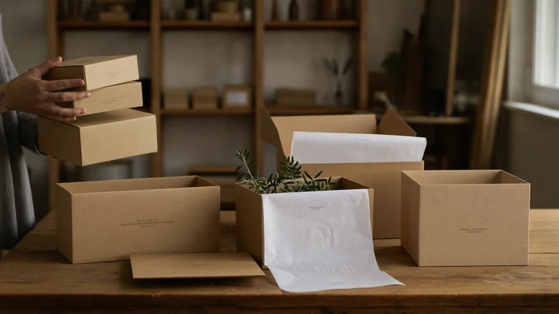 Kraftpapier-Schachteln und Seidenpapier beim Verpacken von Hüllen auf einem Werktisch
